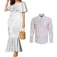 Samoan Culture-Lotu Tamaiti Couples Matching Mermaid Dress and Long Sleeve Button Shirt Siapo and Polynesian Art Tattoos LT03 White - Polynesian Pride
