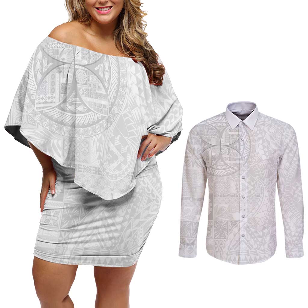 Samoan Culture-Lotu Tamaiti Couples Matching Off Shoulder Short Dress and Long Sleeve Button Shirt Siapo and Polynesian Art Tattoos LT03 White - Polynesian Pride