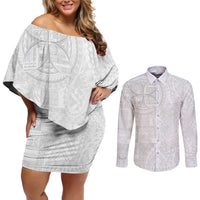 Samoan Culture-Lotu Tamaiti Couples Matching Off Shoulder Short Dress and Long Sleeve Button Shirt Siapo and Polynesian Art Tattoos LT03 White - Polynesian Pride