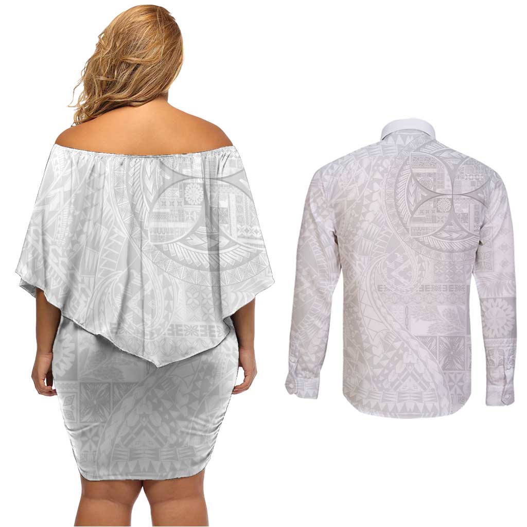 Samoan Culture-Lotu Tamaiti Couples Matching Off Shoulder Short Dress and Long Sleeve Button Shirt Siapo and Polynesian Art Tattoos LT03 - Polynesian Pride