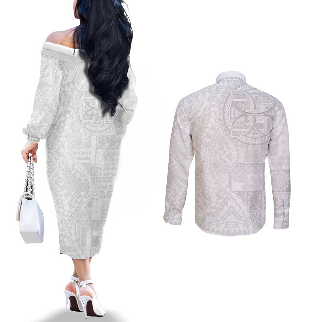 Samoan Culture-Lotu Tamaiti Couples Matching Off The Shoulder Long Sleeve Dress and Long Sleeve Button Shirt Siapo and Polynesian Art Tattoos LT03 - Polynesian Pride