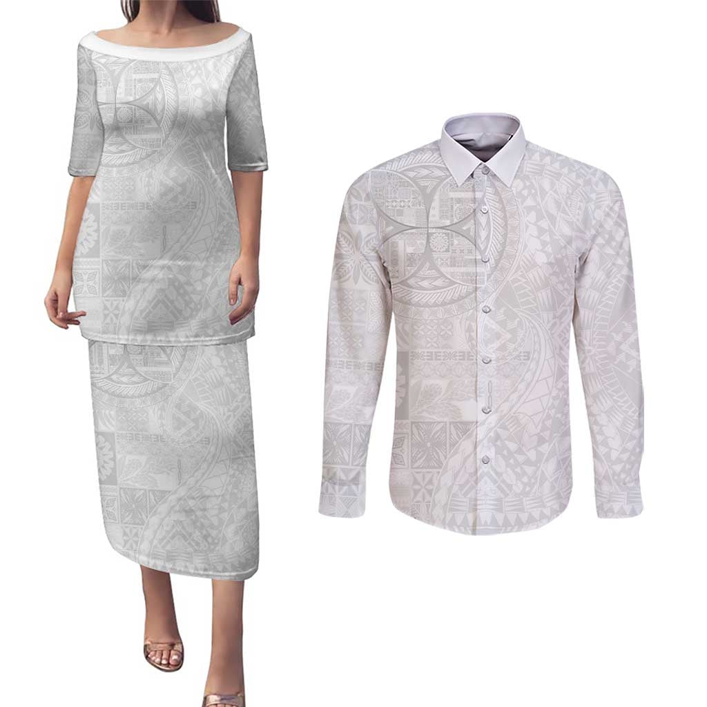 Samoan Culture-Lotu Tamaiti Couples Matching Puletasi and Long Sleeve Button Shirt Siapo and Polynesian Art Tattoos LT03 White - Polynesian Pride