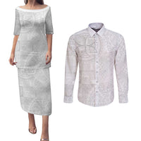 Samoan Culture-Lotu Tamaiti Couples Matching Puletasi and Long Sleeve Button Shirt Siapo and Polynesian Art Tattoos LT03 White - Polynesian Pride
