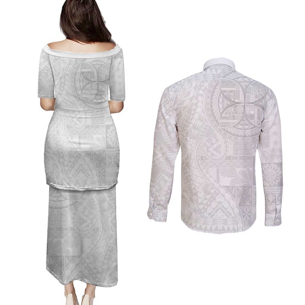 Samoan Culture-Lotu Tamaiti Couples Matching Puletasi and Long Sleeve Button Shirt Siapo and Polynesian Art Tattoos LT03 - Polynesian Pride