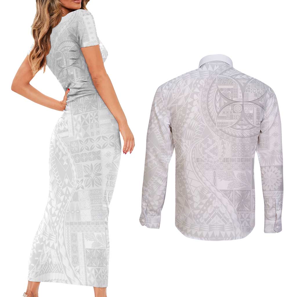 Samoan Culture-Lotu Tamaiti Couples Matching Short Sleeve Bodycon Dress and Long Sleeve Button Shirt Siapo and Polynesian Art Tattoos LT03 - Polynesian Pride