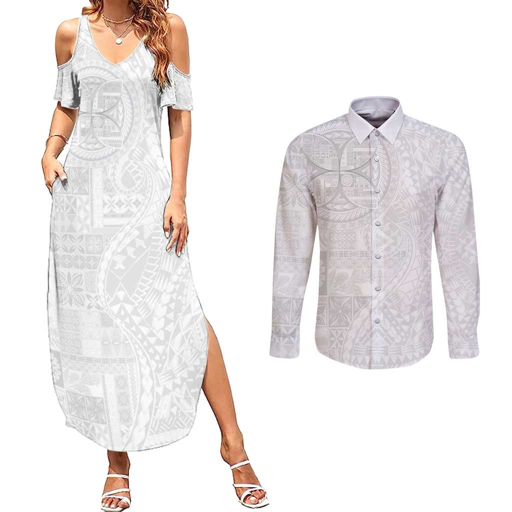Samoan Culture-Lotu Tamaiti Couples Matching Summer Maxi Dress and Long Sleeve Button Shirt Siapo and Polynesian Art Tattoos LT03 White - Polynesian Pride