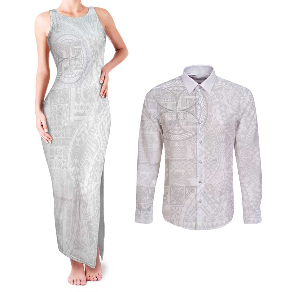 Samoan Culture-Lotu Tamaiti Couples Matching Tank Maxi Dress and Long Sleeve Button Shirt Siapo and Polynesian Art Tattoos LT03 White - Polynesian Pride
