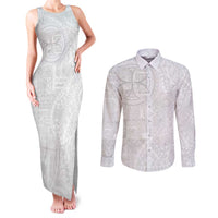 Samoan Culture-Lotu Tamaiti Couples Matching Tank Maxi Dress and Long Sleeve Button Shirt Siapo and Polynesian Art Tattoos LT03 White - Polynesian Pride