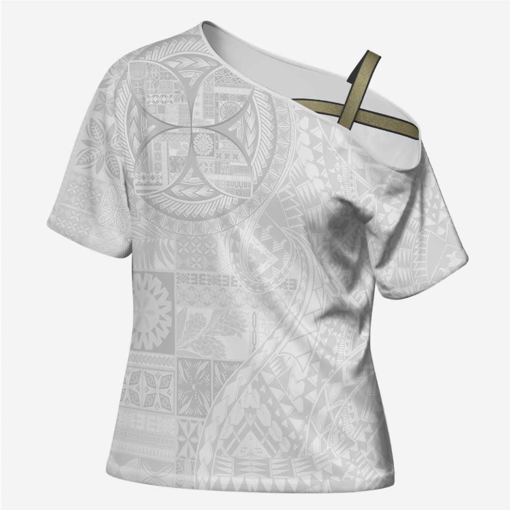 Samoan Culture-Lotu Tamaiti Cross Shoulder Shirt Siapo and Polynesian Art Tattoos LT03 Female White - Polynesian Pride