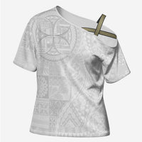 Samoan Culture-Lotu Tamaiti Cross Shoulder Shirt Siapo and Polynesian Art Tattoos LT03 Female White - Polynesian Pride