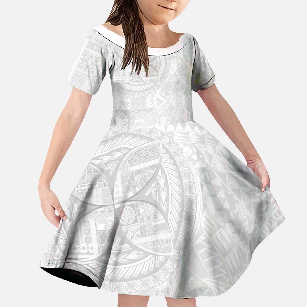 Samoan Culture-Lotu Tamaiti Family Matching Mermaid Dress and Hawaiian Shirt Siapo and Polynesian Art Tattoos LT03 Daughter's Dress White - Polynesian Pride