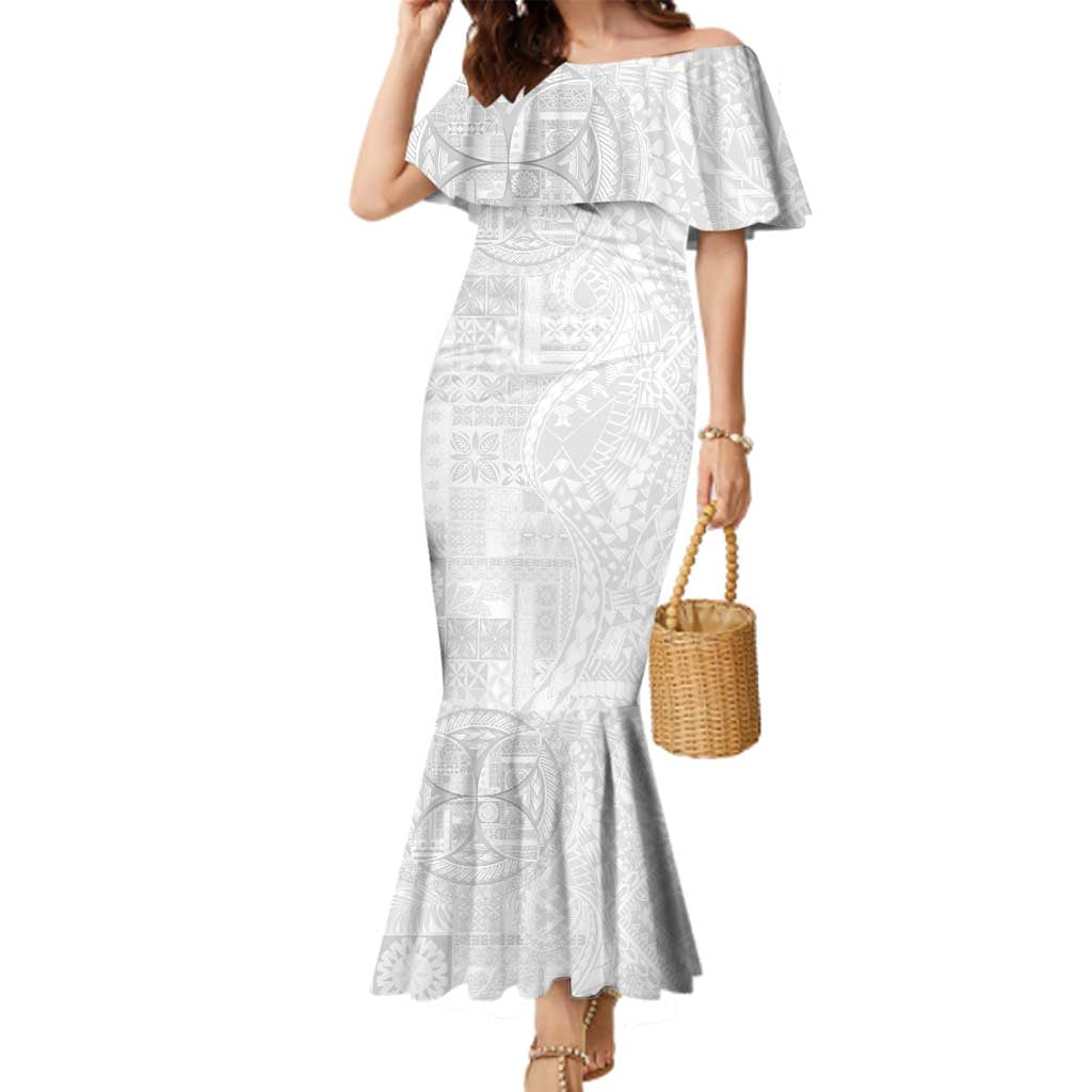 Samoan Culture-Lotu Tamaiti Family Matching Mermaid Dress and Hawaiian Shirt Siapo and Polynesian Art Tattoos LT03 Mom's Dress White - Polynesian Pride