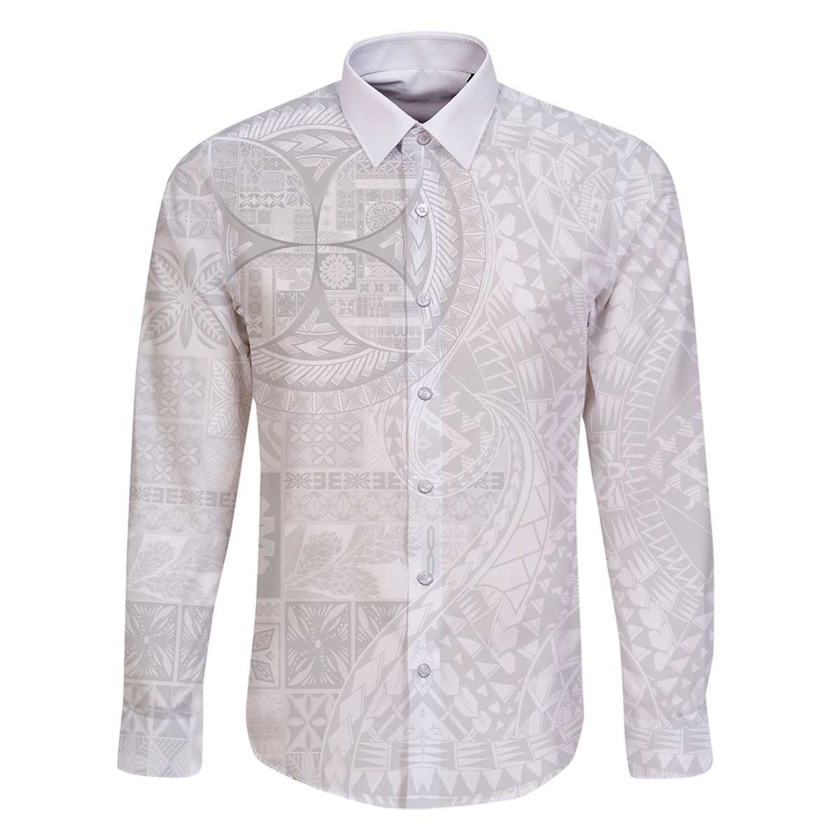 Samoan Culture-Lotu Tamaiti Family Matching Off The Shoulder Long Sleeve Dress and Hawaiian Shirt Siapo and Polynesian Art Tattoos LT03 Dad's Shirt - Long Sleeve White - Polynesian Pride