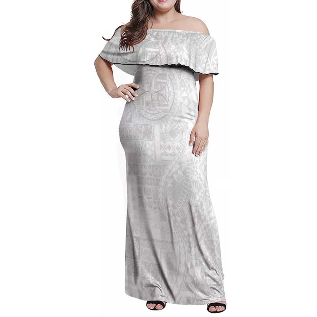Samoan Culture-Lotu Tamaiti Family Matching Off Shoulder Maxi Dress and Hawaiian Shirt Siapo and Polynesian Art Tattoos LT03 Mom's Dress White - Polynesian Pride