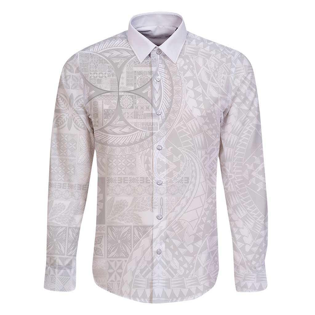 Samoan Culture-Lotu Tamaiti Family Matching Off Shoulder Short Dress and Hawaiian Shirt Siapo and Polynesian Art Tattoos LT03 Dad's Shirt - Long Sleeve White - Polynesian Pride