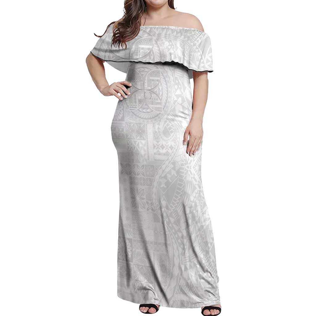 Samoan Culture-Lotu Tamaiti Off Shoulder Maxi Dress Siapo and Polynesian Art Tattoos LT03 Women White - Polynesian Pride