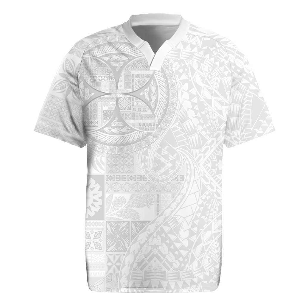 Samoan Culture-Lotu Tamaiti Rugby Jersey Siapo and Polynesian Art Tattoos LT03 White - Polynesian Pride