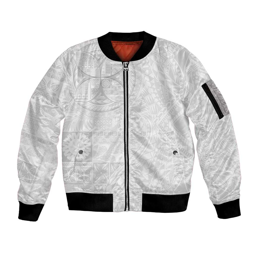 Samoan Culture-Lotu Tamaiti Sleeve Zip Bomber Jacket Siapo and Polynesian Art Tattoos LT03 Unisex White - Polynesian Pride