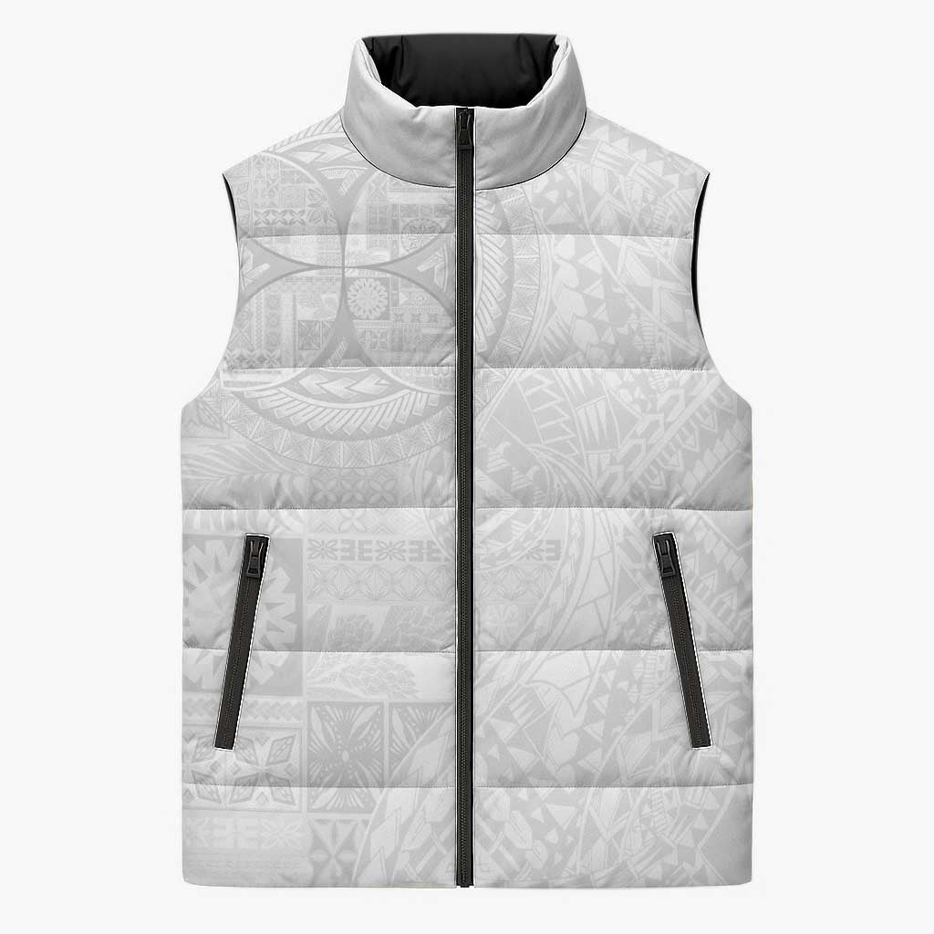 Samoan Culture-Lotu Tamaiti Sleeveless Puffer Jacket Siapo and Polynesian Art Tattoos LT03 Unisex White - Polynesian Pride