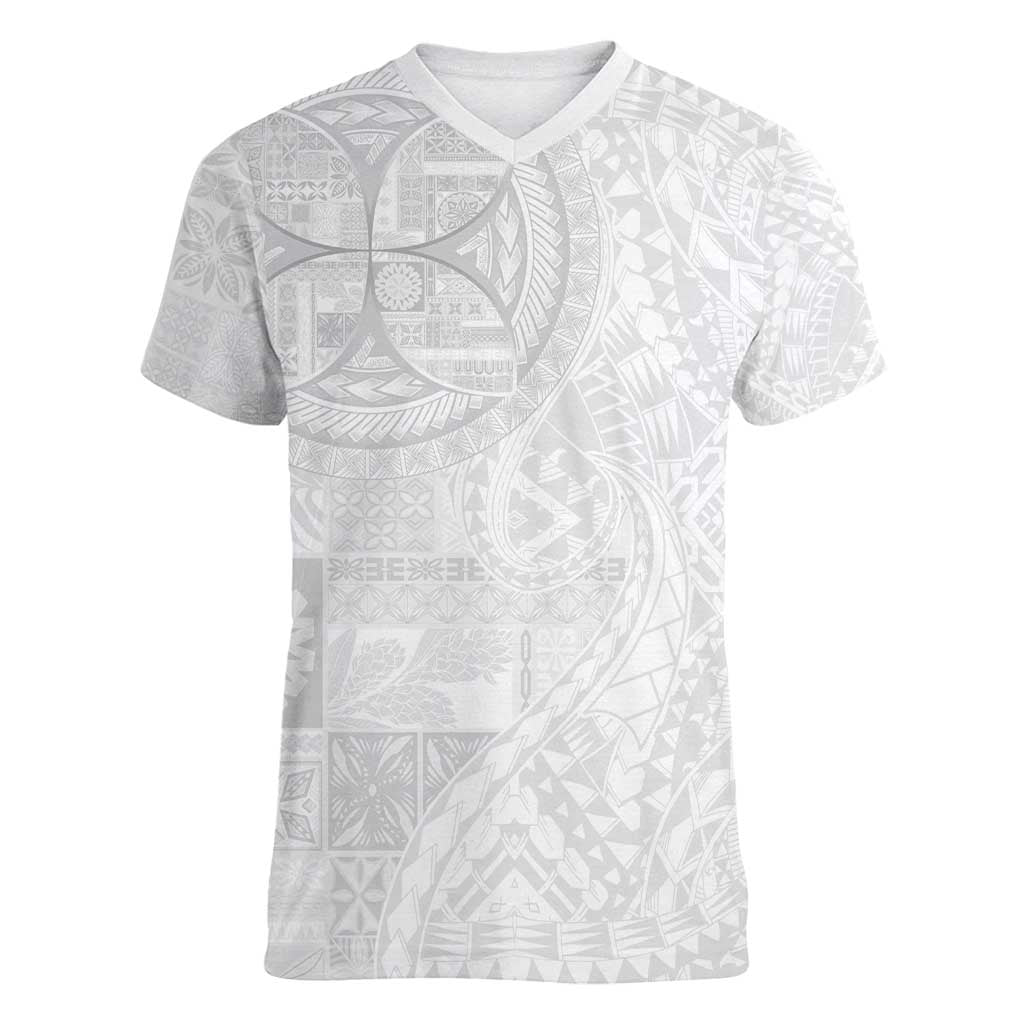 Samoan Culture-Lotu Tamaiti Women V-Neck T-Shirt Siapo and Polynesian Art Tattoos LT03 Female White - Polynesian Pride