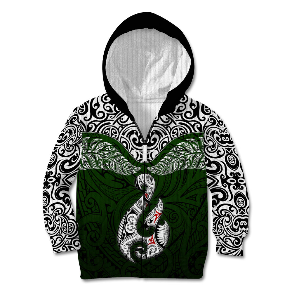Custom Aotearoa New Zealand Kid Hoodie Silver Fern and Matau with Maori Tribal Green Style LT03 - Polynesian Pride