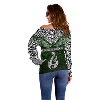 Custom Aotearoa New Zealand Off Shoulder Sweater Silver Fern and Matau with Maori Tribal Green Style LT03 - Polynesian Pride