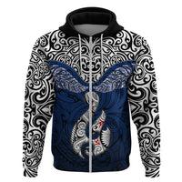 Custom Aotearoa New Zealand Hoodie Silver Fern and Matau with Maori Tribal Blue Style LT03 Zip Hoodie Blue - Polynesian Pride