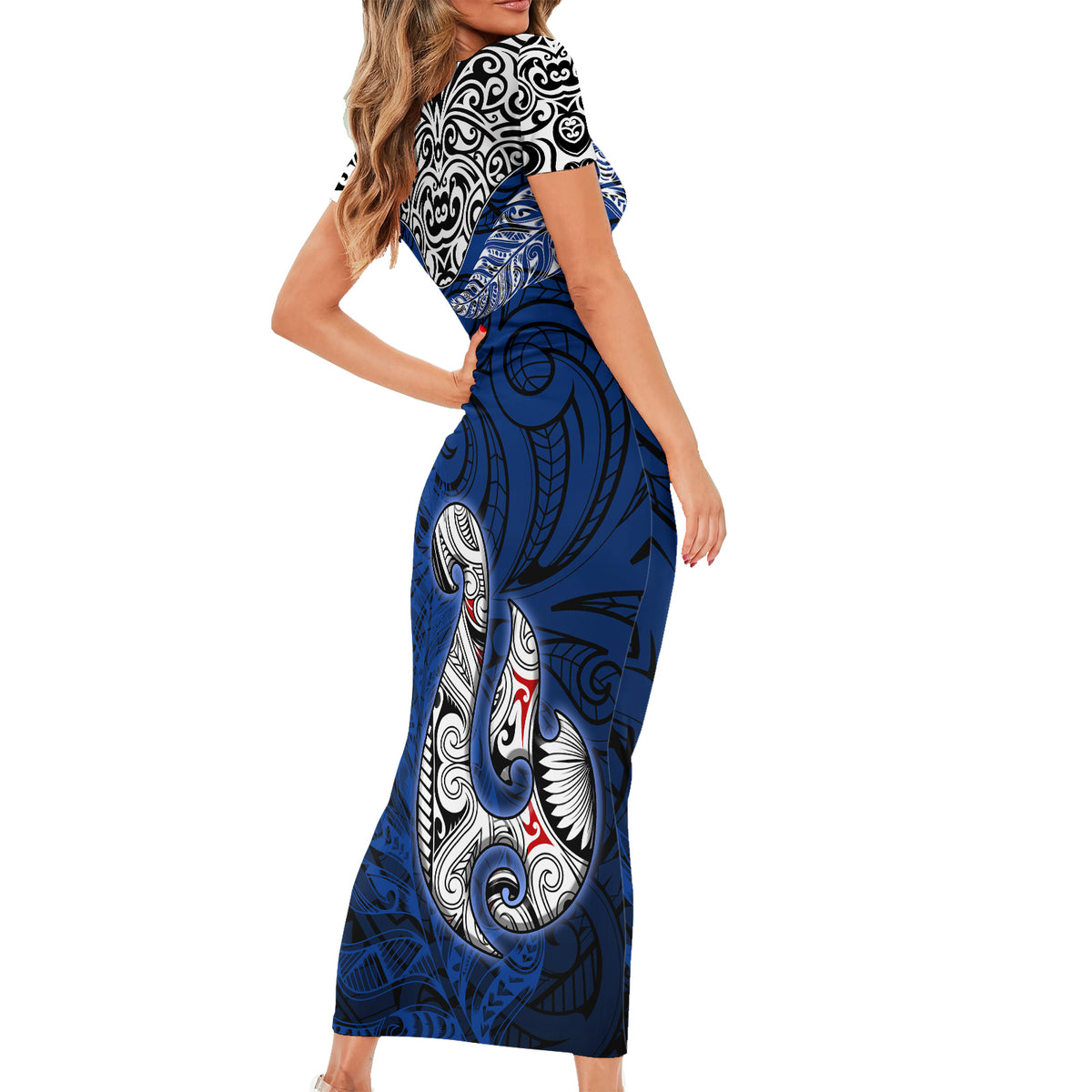 Custom Aotearoa New Zealand Short Sleeve Bodycon Dress Silver Fern and Matau with Maori Tribal Blue Style LT03 - Polynesian Pride