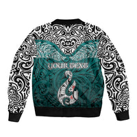 Custom Aotearoa New Zealand Sleeve Zip Bomber Jacket Silver Fern and Matau with Maori Tribal Turquoise Style LT03 - Polynesian Pride