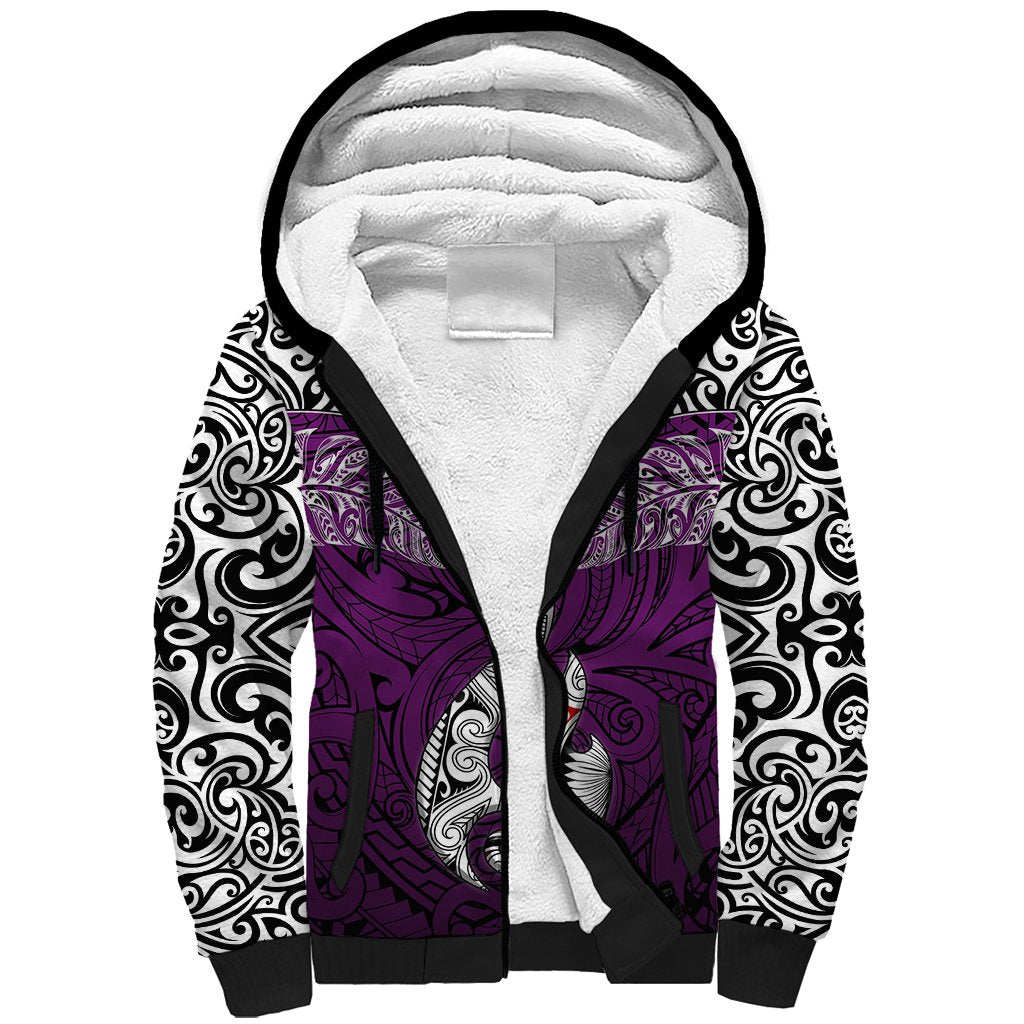 Custom Aotearoa New Zealand Sherpa Hoodie Silver Fern and Matau with Maori Tribal Pink Style LT03 Unisex Pink - Polynesian Pride
