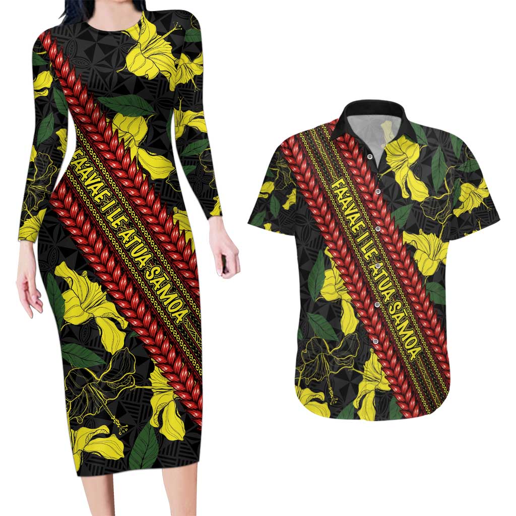 Samoan Culture Couples Matching Long Sleeve Bodycon Dress and Hawaiian Shirt Hibiscus and Ula Fala with Tapa Pattern Black Color LT03 Black - Polynesian Pride