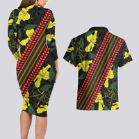Samoan Culture Couples Matching Long Sleeve Bodycon Dress and Hawaiian Shirt Hibiscus and Ula Fala with Tapa Pattern Black Color LT03 - Polynesian Pride