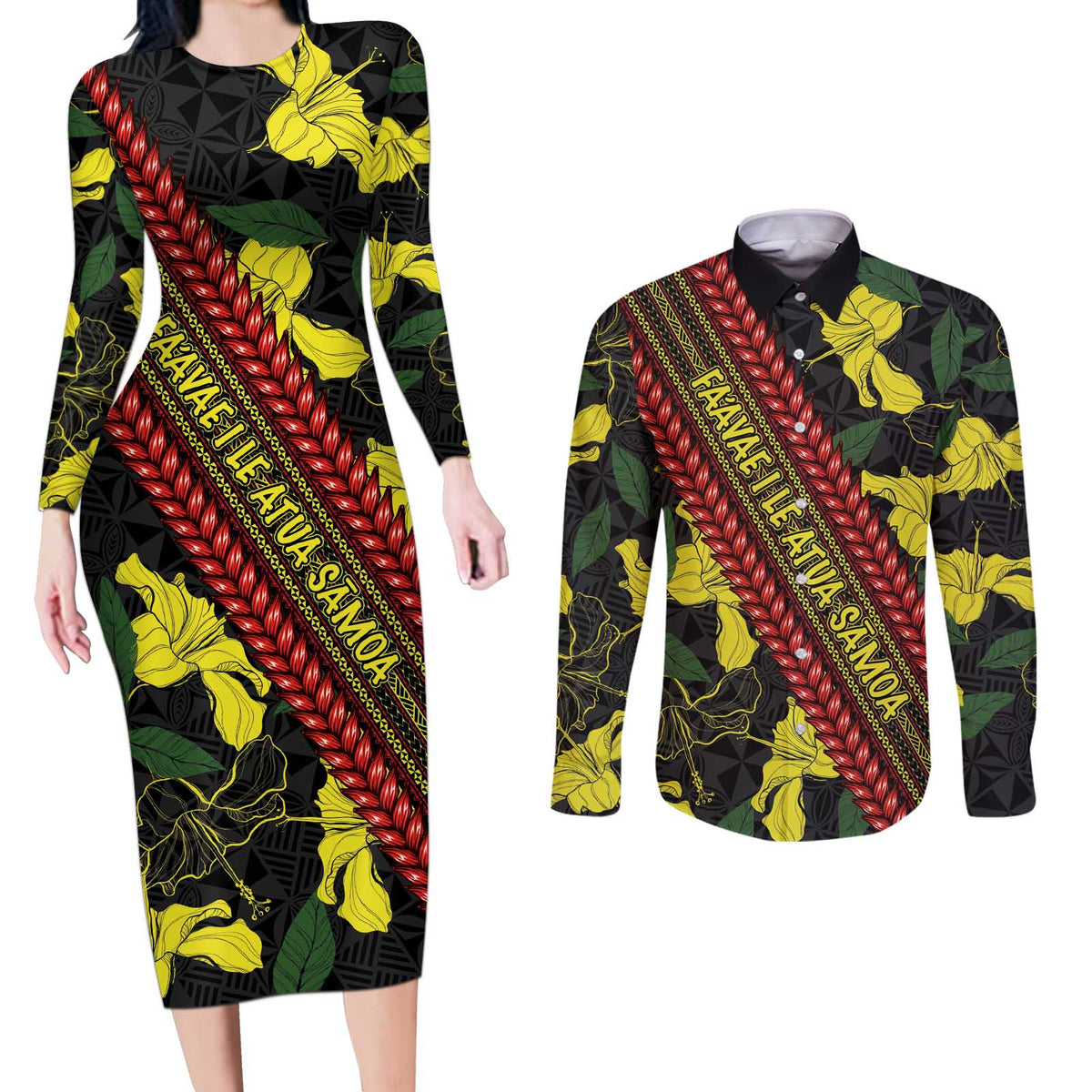 Samoan Culture Couples Matching Long Sleeve Bodycon Dress and Long Sleeve Button Shirt Hibiscus and Ula Fala with Tapa Pattern Black Color LT03 Black - Polynesian Pride