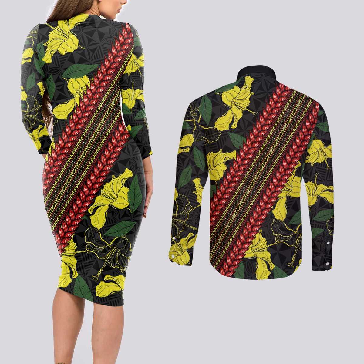 Samoan Culture Couples Matching Long Sleeve Bodycon Dress and Long Sleeve Button Shirt Hibiscus and Ula Fala with Tapa Pattern Black Color LT03 - Polynesian Pride