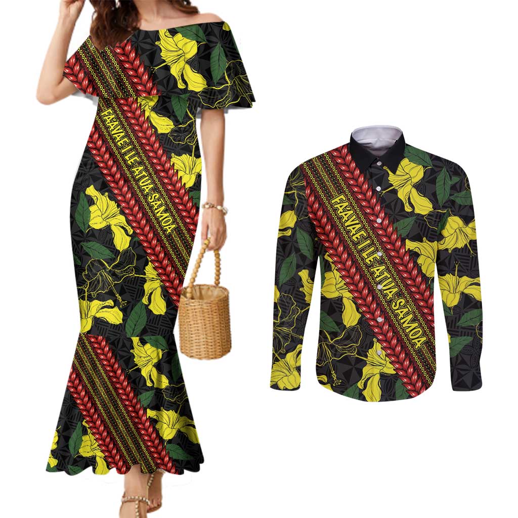 Samoan Culture Couples Matching Mermaid Dress and Long Sleeve Button Shirt Hibiscus and Ula Fala with Tapa Pattern Black Color LT03 Black - Polynesian Pride