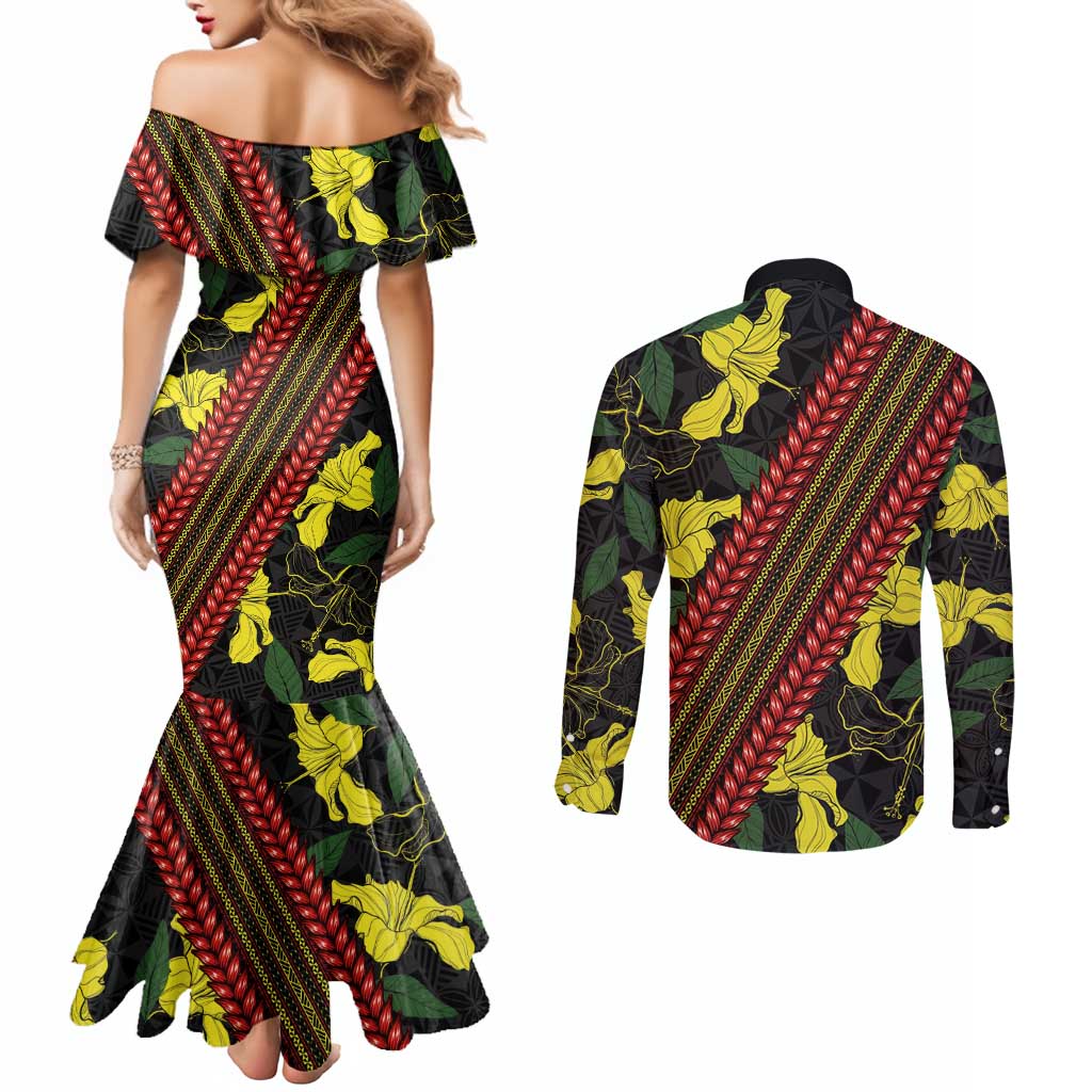 Samoan Culture Couples Matching Mermaid Dress and Long Sleeve Button Shirt Hibiscus and Ula Fala with Tapa Pattern Black Color LT03 - Polynesian Pride