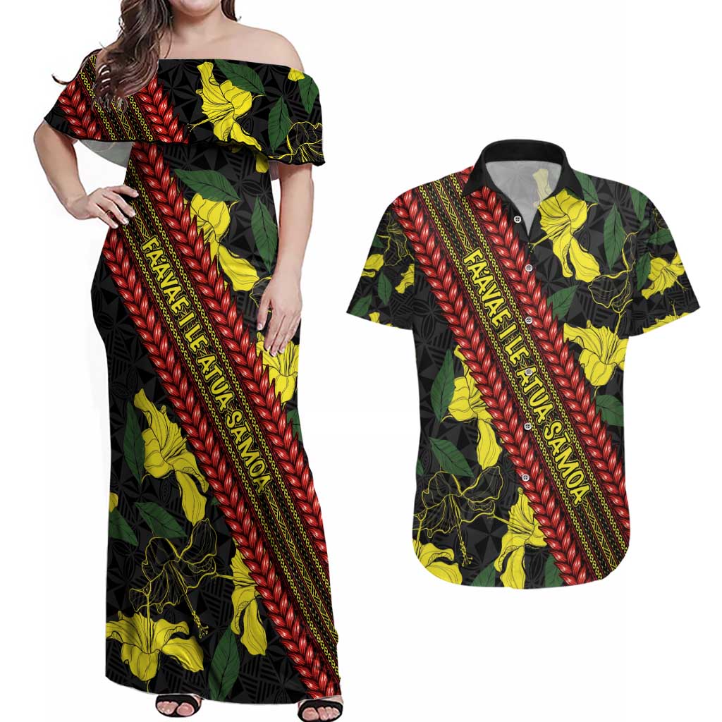 Samoan Culture Couples Matching Off Shoulder Maxi Dress and Hawaiian Shirt Hibiscus and Ula Fala with Tapa Pattern Black Color LT03 Black - Polynesian Pride