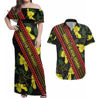 Samoan Culture Couples Matching Off Shoulder Maxi Dress and Hawaiian Shirt Hibiscus and Ula Fala with Tapa Pattern Black Color LT03 Black - Polynesian Pride