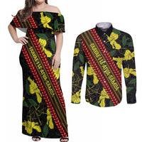 Samoan Culture Couples Matching Off Shoulder Maxi Dress and Long Sleeve Button Shirt Hibiscus and Ula Fala with Tapa Pattern Black Color LT03 Black - Polynesian Pride