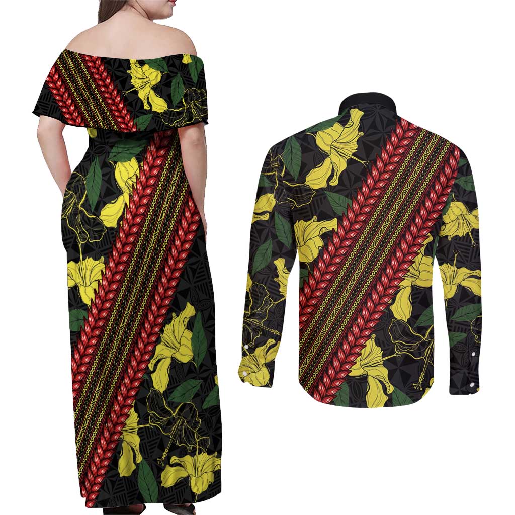 Samoan Culture Couples Matching Off Shoulder Maxi Dress and Long Sleeve Button Shirt Hibiscus and Ula Fala with Tapa Pattern Black Color LT03 - Polynesian Pride
