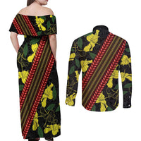 Samoan Culture Couples Matching Off Shoulder Maxi Dress and Long Sleeve Button Shirt Hibiscus and Ula Fala with Tapa Pattern Black Color LT03 - Polynesian Pride