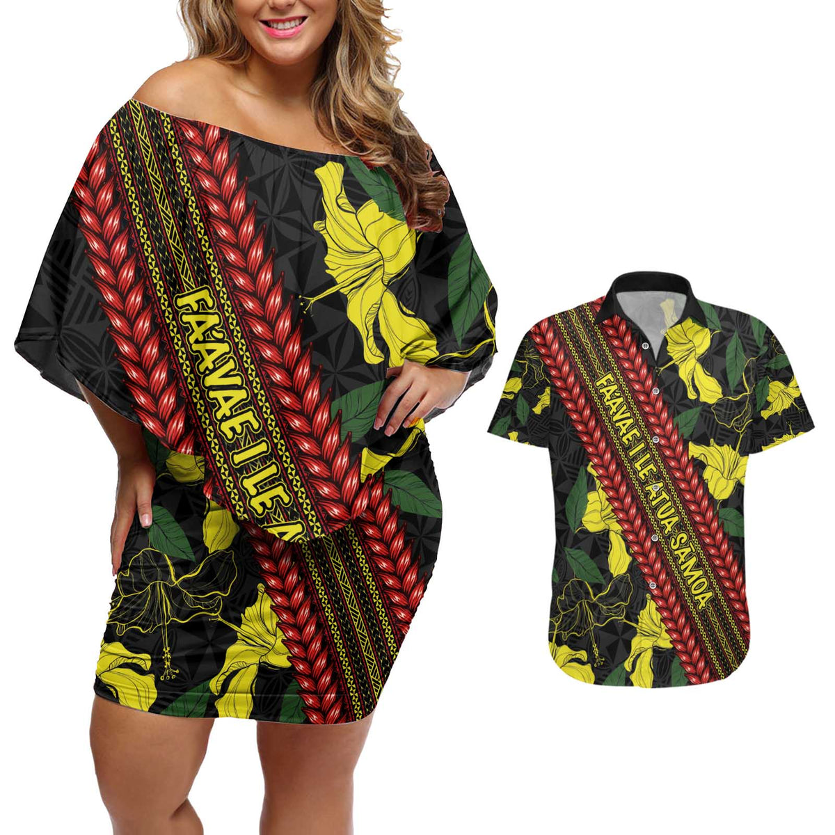 Samoan Culture Couples Matching Off Shoulder Short Dress and Hawaiian Shirt Hibiscus and Ula Fala with Tapa Pattern Black Color LT03 Black - Polynesian Pride