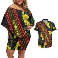 Samoan Culture Couples Matching Off Shoulder Short Dress and Hawaiian Shirt Hibiscus and Ula Fala with Tapa Pattern Black Color LT03 Black - Polynesian Pride