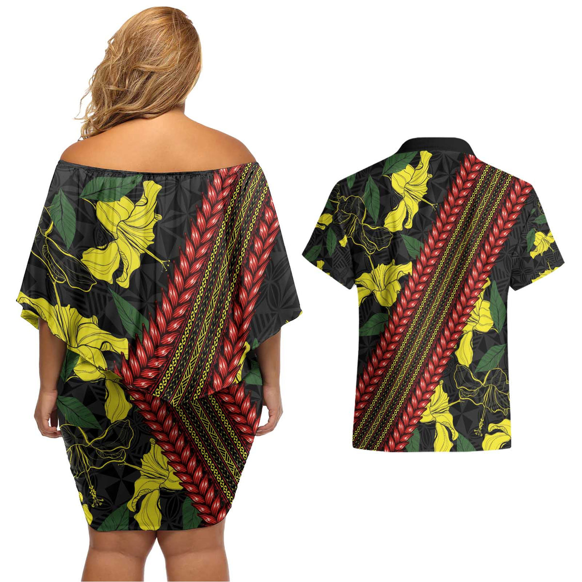 Samoan Culture Couples Matching Off Shoulder Short Dress and Hawaiian Shirt Hibiscus and Ula Fala with Tapa Pattern Black Color LT03 - Polynesian Pride