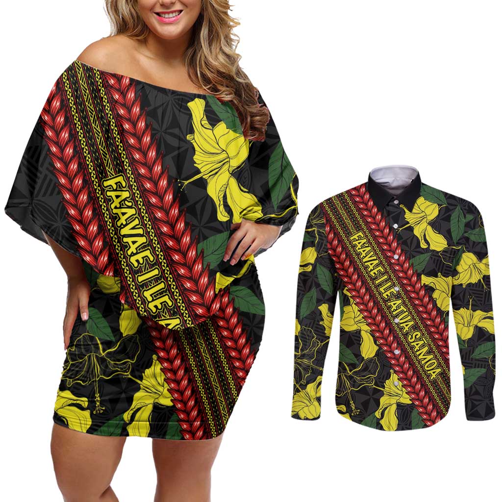 Samoan Culture Couples Matching Off Shoulder Short Dress and Long Sleeve Button Shirt Hibiscus and Ula Fala with Tapa Pattern Black Color LT03 Black - Polynesian Pride