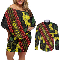 Samoan Culture Couples Matching Off Shoulder Short Dress and Long Sleeve Button Shirt Hibiscus and Ula Fala with Tapa Pattern Black Color LT03 Black - Polynesian Pride