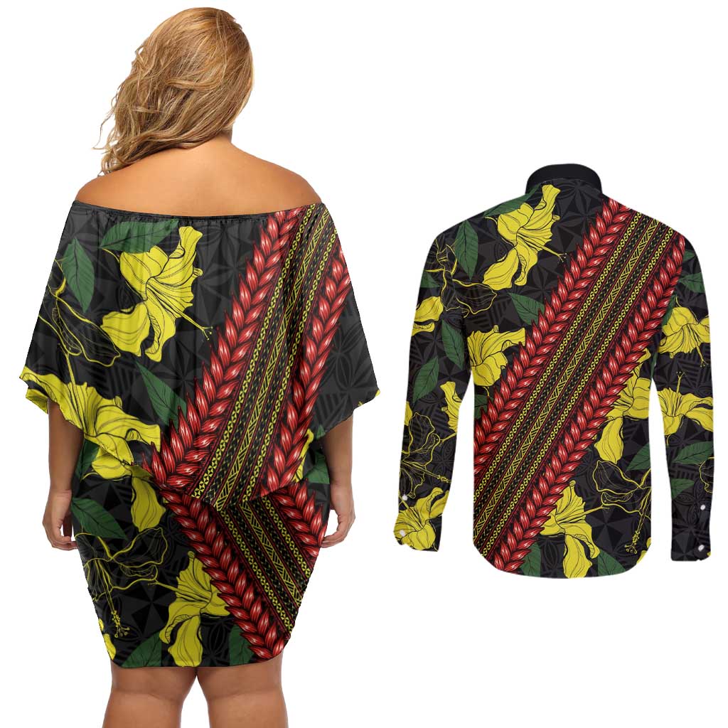 Samoan Culture Couples Matching Off Shoulder Short Dress and Long Sleeve Button Shirt Hibiscus and Ula Fala with Tapa Pattern Black Color LT03 - Polynesian Pride