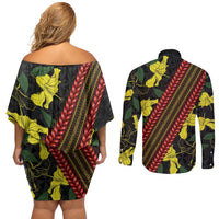 Samoan Culture Couples Matching Off Shoulder Short Dress and Long Sleeve Button Shirt Hibiscus and Ula Fala with Tapa Pattern Black Color LT03 - Polynesian Pride