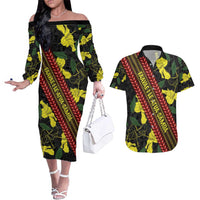 Samoan Culture Couples Matching Off The Shoulder Long Sleeve Dress and Hawaiian Shirt Hibiscus and Ula Fala with Tapa Pattern Black Color LT03 Black - Polynesian Pride
