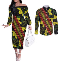 Samoan Culture Couples Matching Off The Shoulder Long Sleeve Dress and Long Sleeve Button Shirt Hibiscus and Ula Fala with Tapa Pattern Black Color LT03 Black - Polynesian Pride